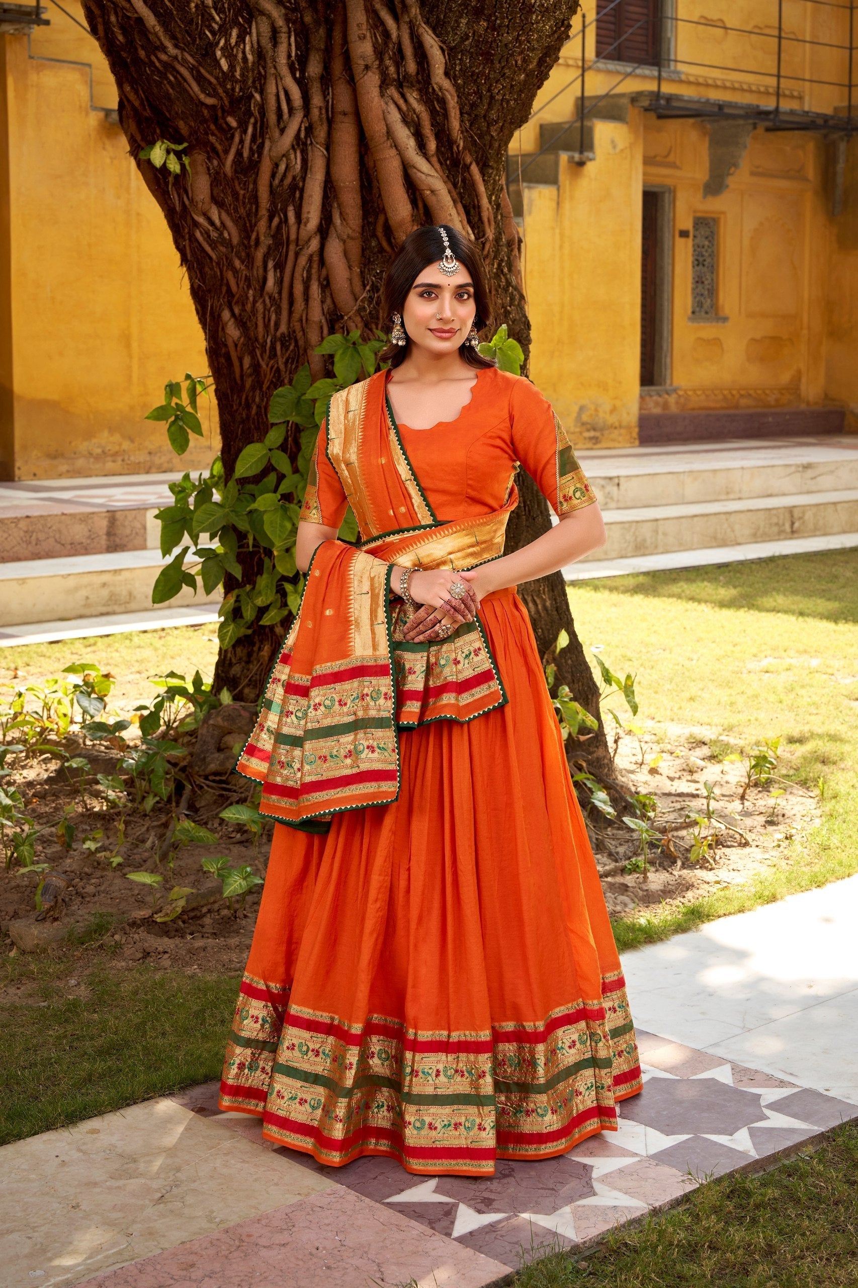 Orange Pure Chanderi Zari Weaving Lehenga Choli Set with Gotta Patti Detailing & Matching Dupatta – 4-Meter Flair Fully Stitched Ethnic Wear