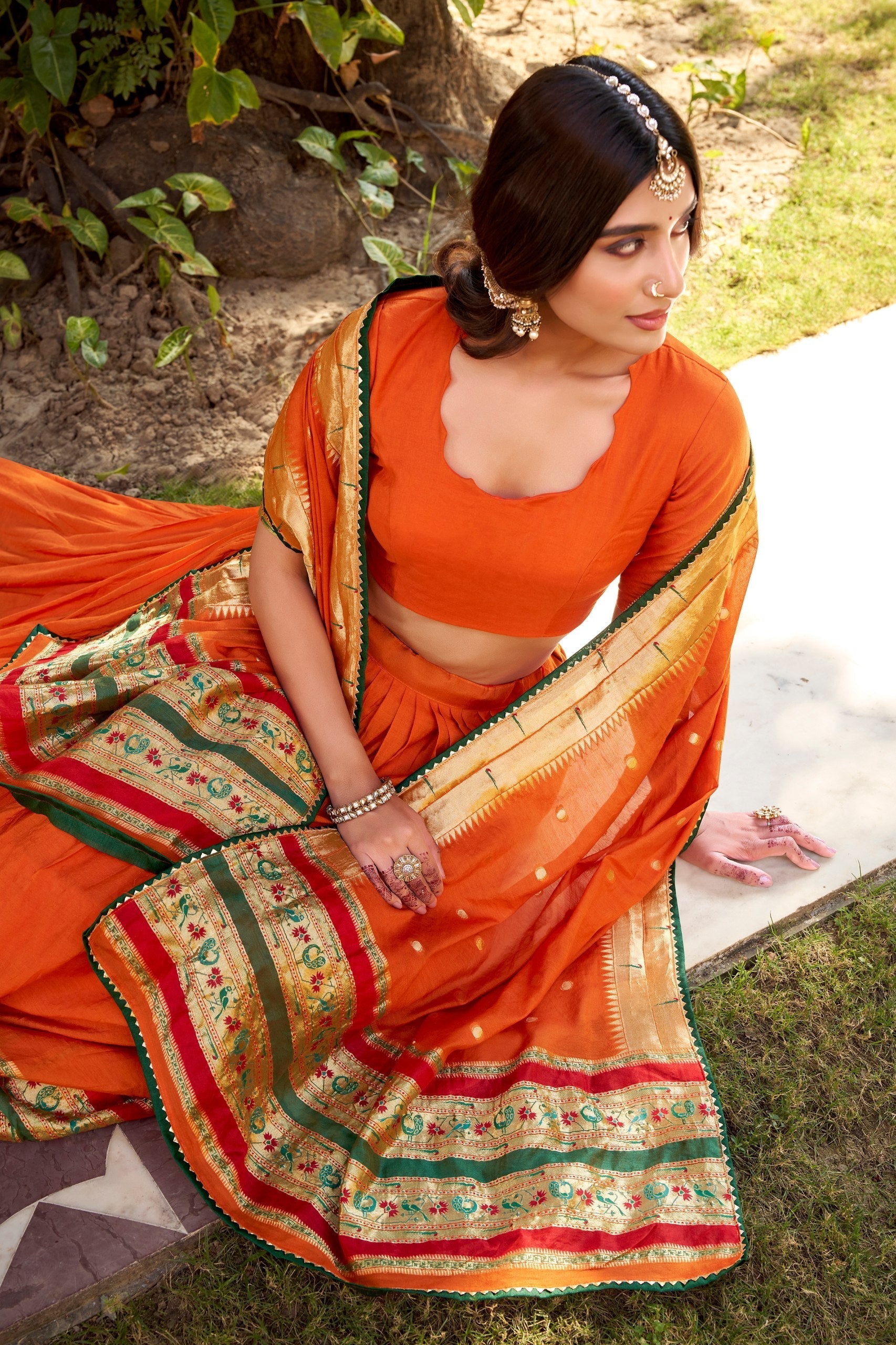 Orange Pure Chanderi Zari Weaving Lehenga Choli Set with Gotta Patti Detailing & Matching Dupatta – 4-Meter Flair Fully Stitched Ethnic Wear