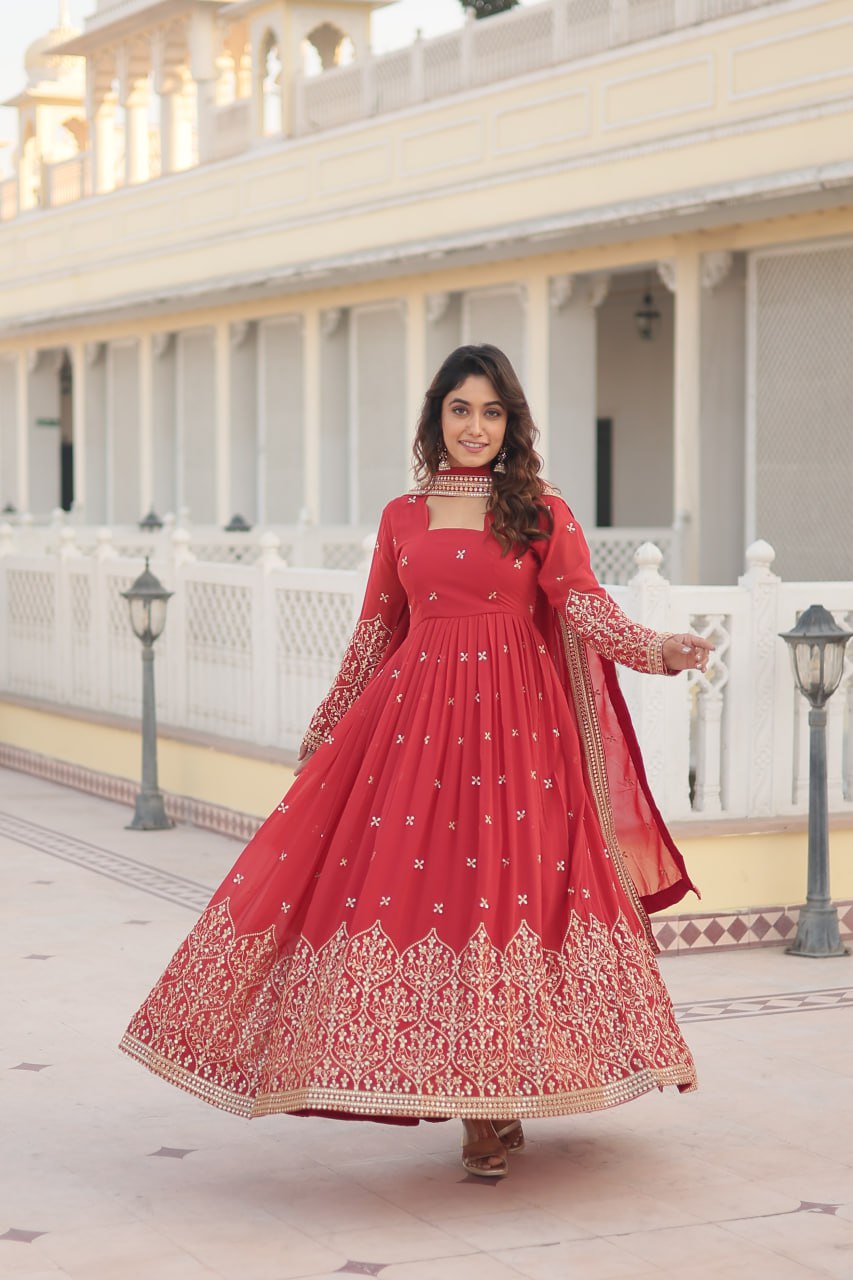 Orange Red Enchanting Sequined Faux Georgette Gown with Dupatta Set