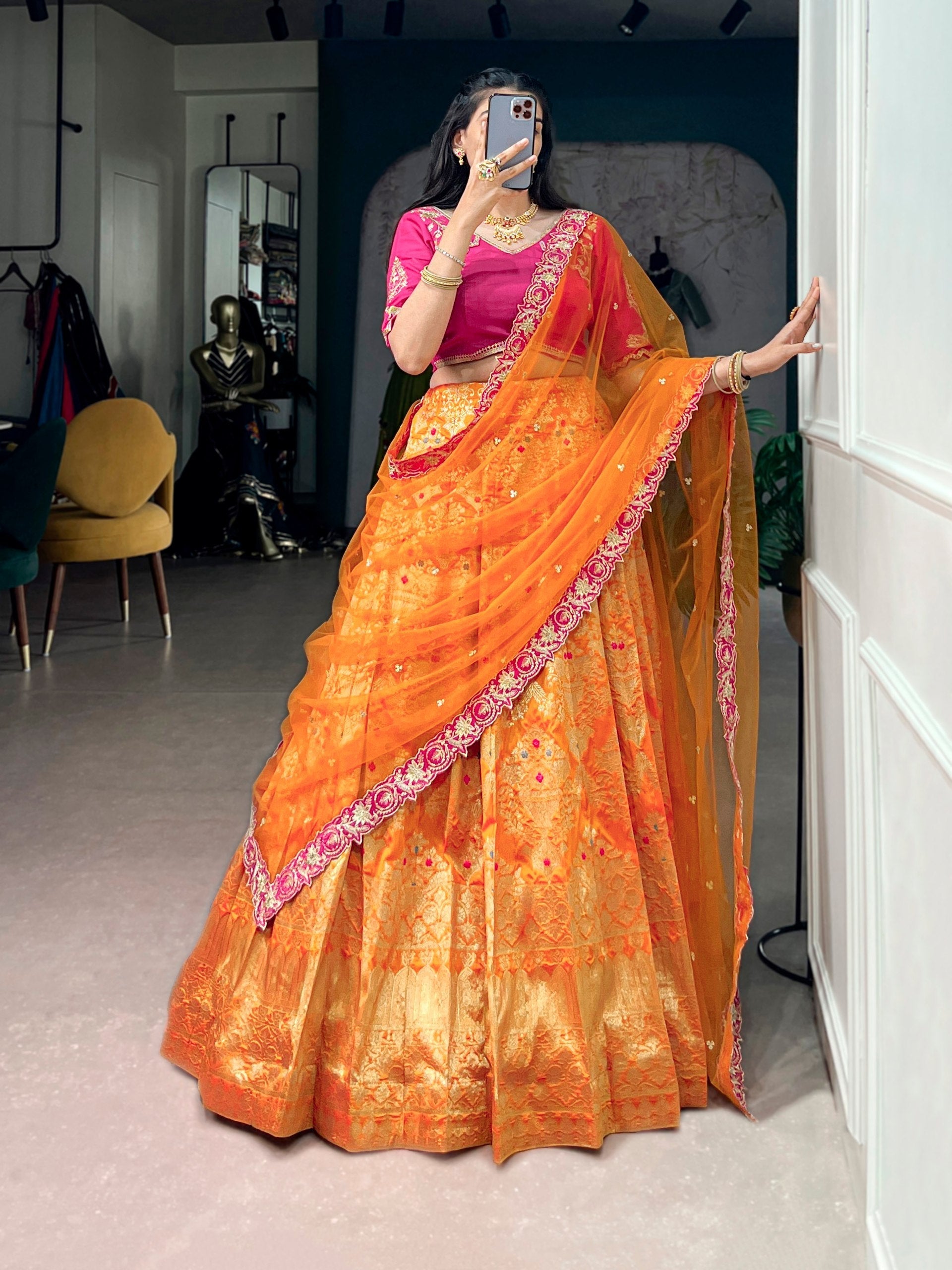 Orange Silk Lehenga Choli with Zari Work