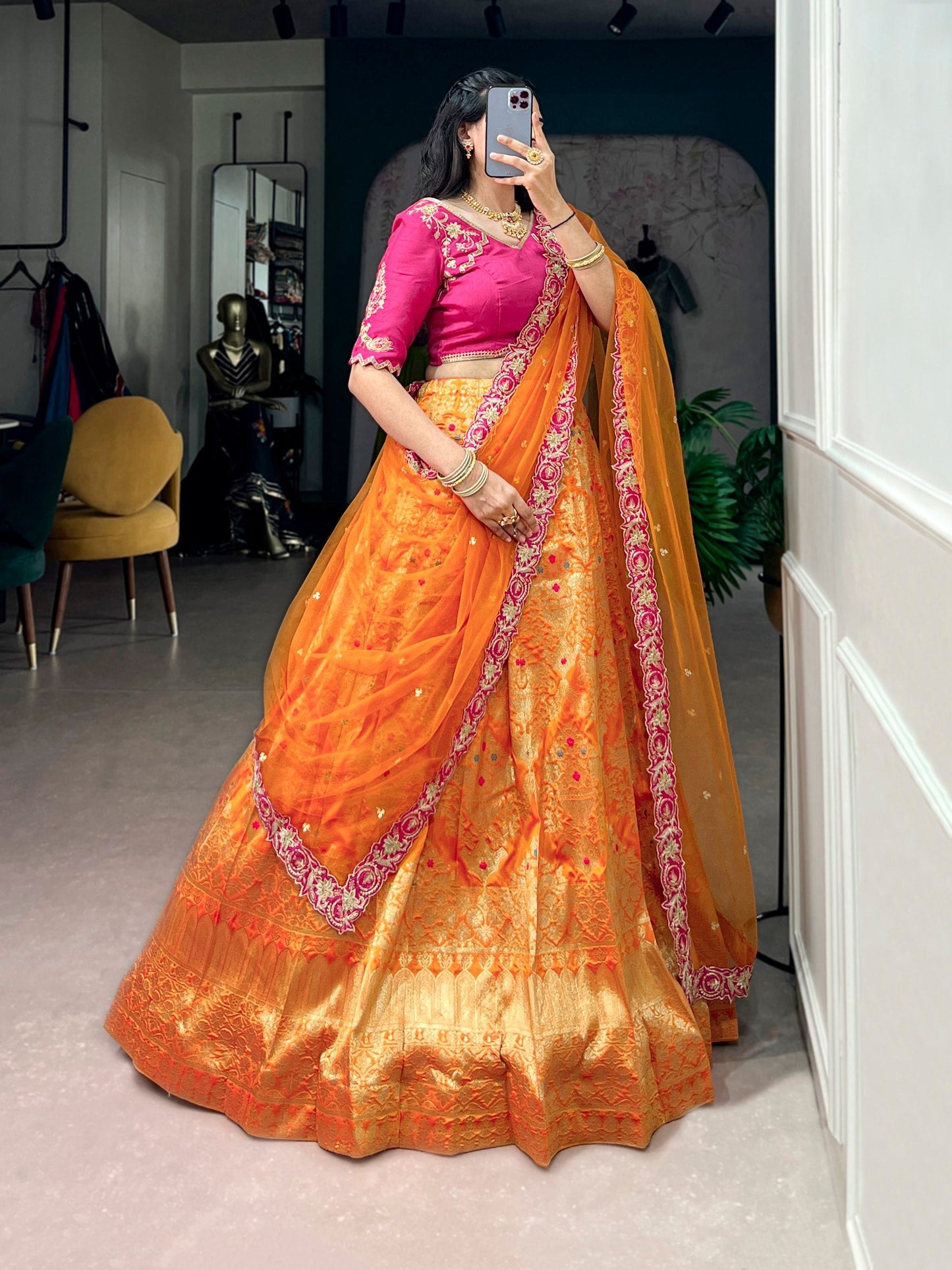 Orange Silk Lehenga Choli with Zari Work
