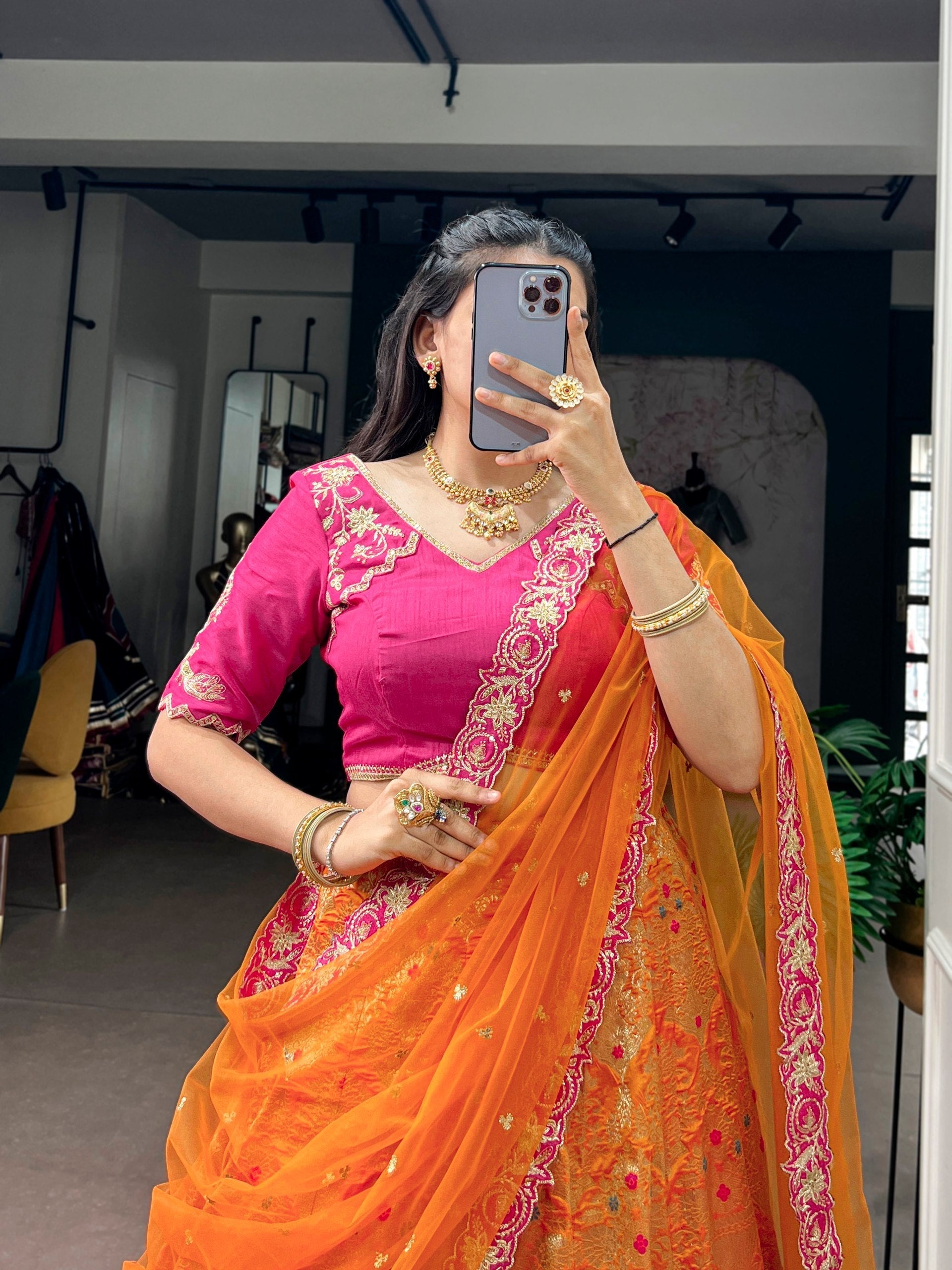 Orange Silk Lehenga Choli with Zari Work