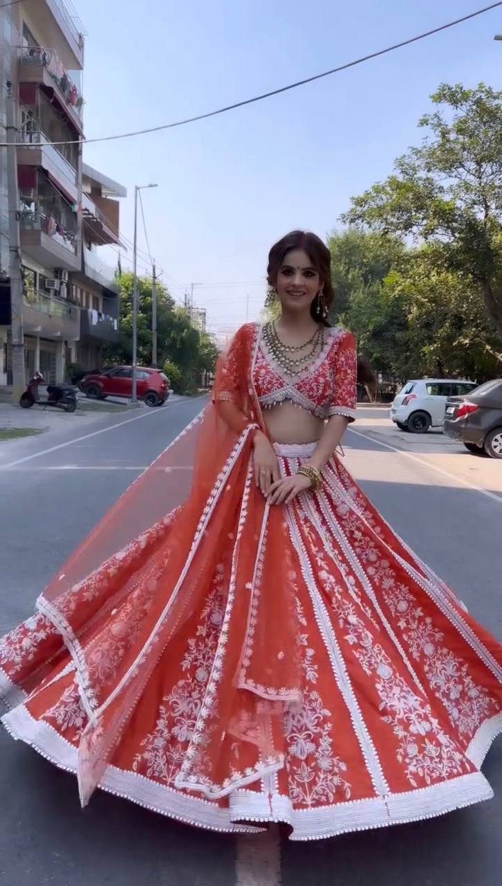 Orange Vibrant Elegance – Mulmul Silk Rainbow Sequin Lehenga Set