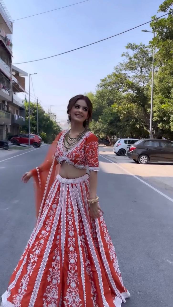 Orange Vibrant Elegance – Mulmul Silk Rainbow Sequin Lehenga Set