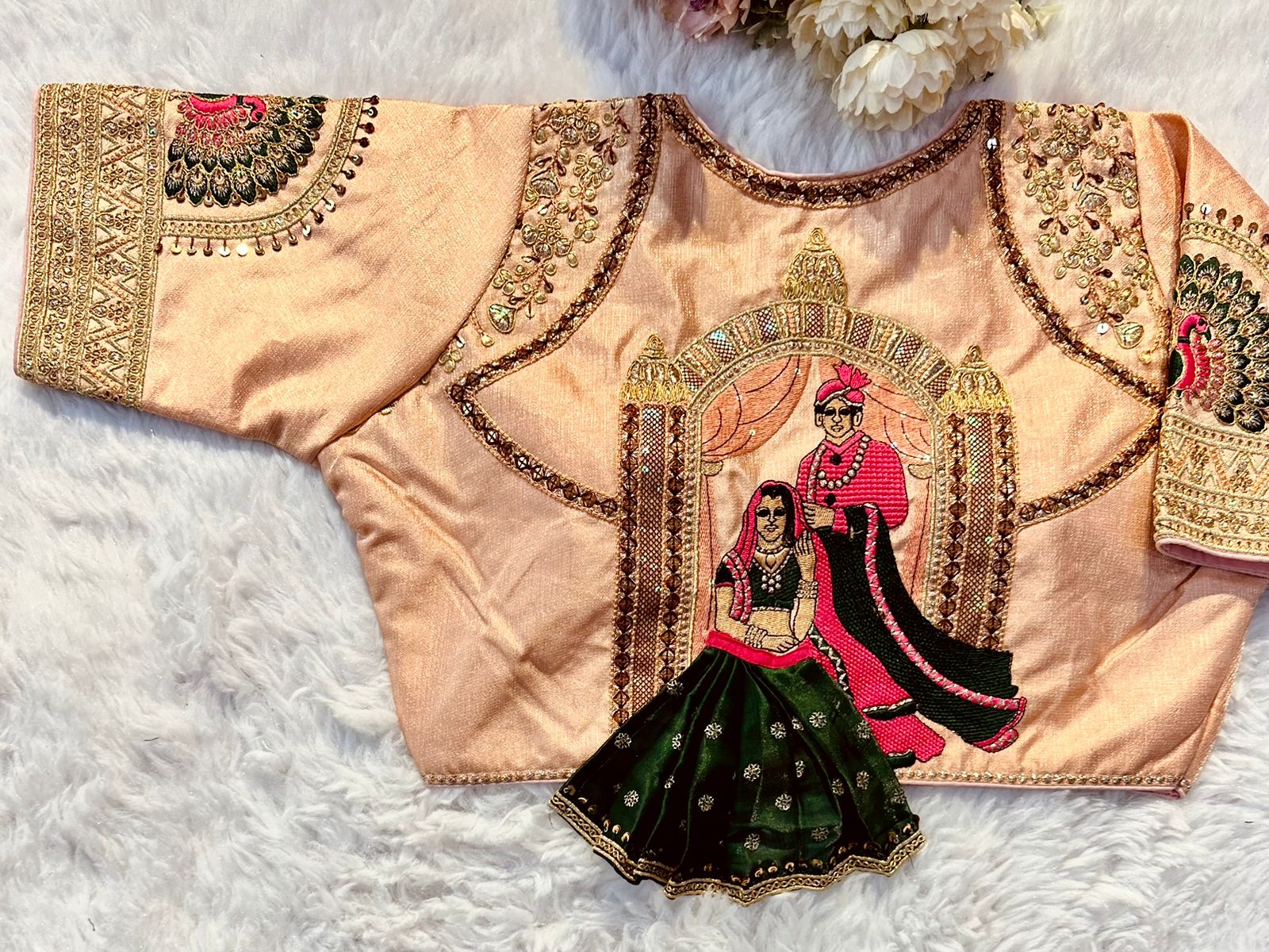 Orange Wedding Wear Blouse in Raspberry Silk with Exquisite Embroidery and Sequins