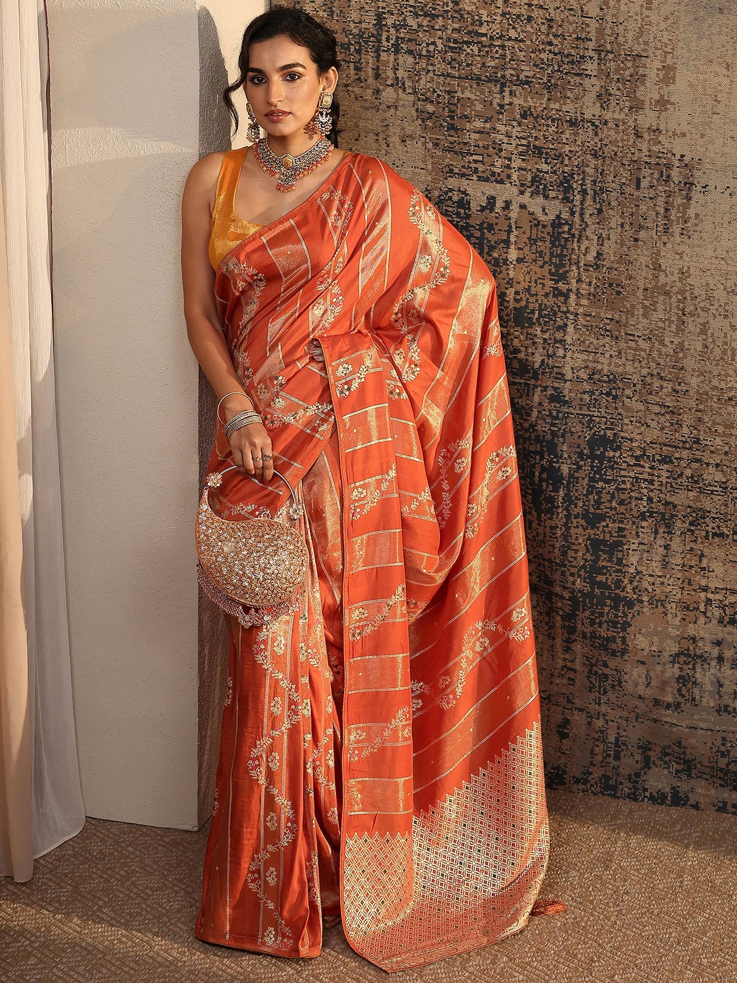Libas Orange Woven Design Silk Blend Saree With Unstitched Blouse Piece