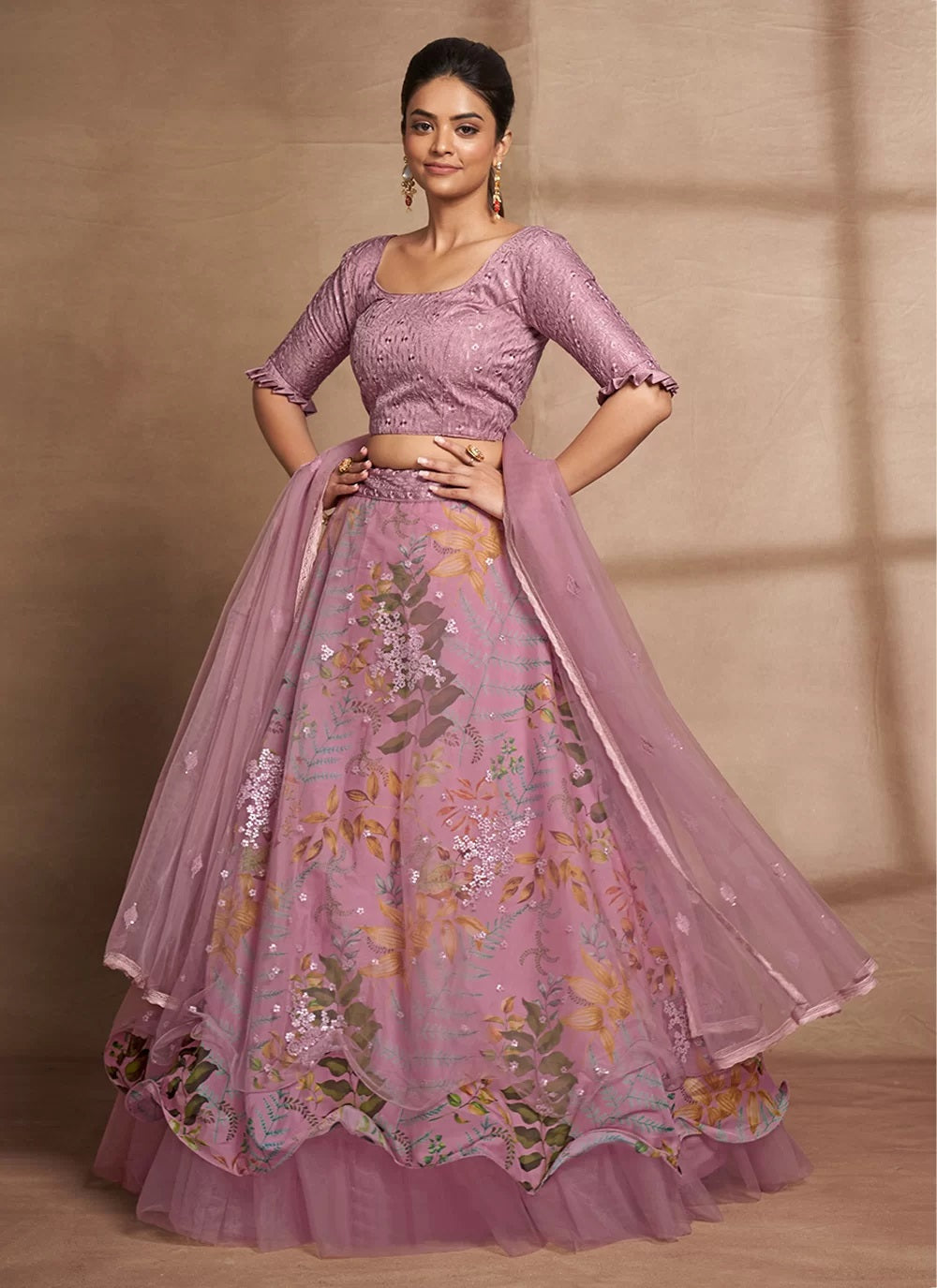 Organza and net digital print sequins embroidery work lehenga in purple