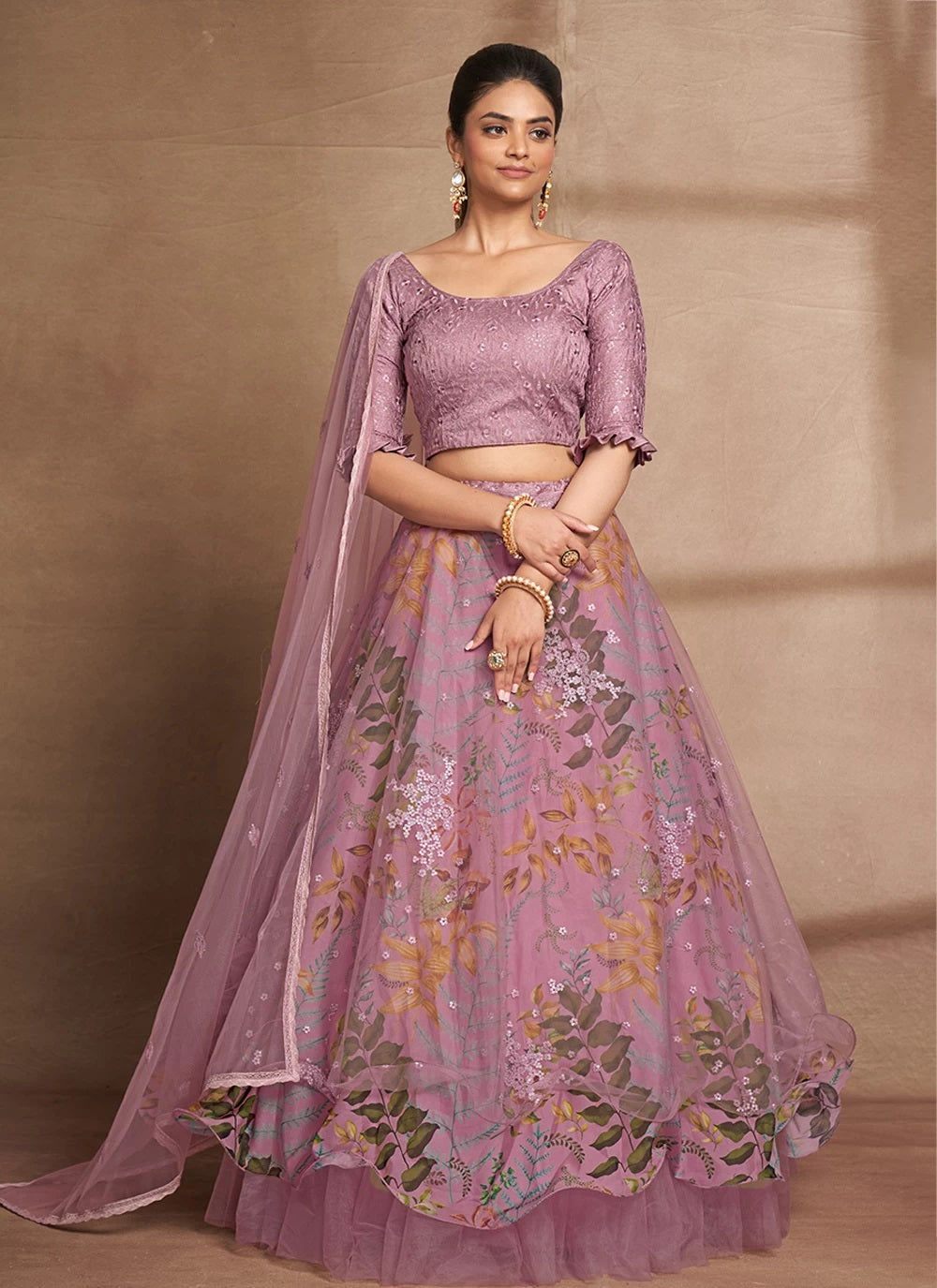 Organza and net digital print sequins embroidery work lehenga in purple