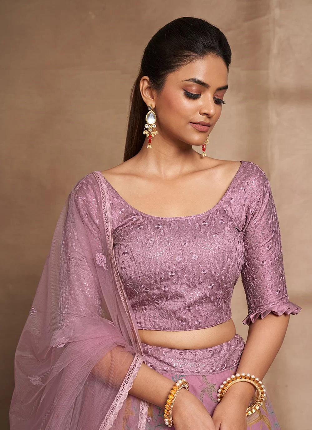 Organza and net digital print sequins embroidery work lehenga in purple