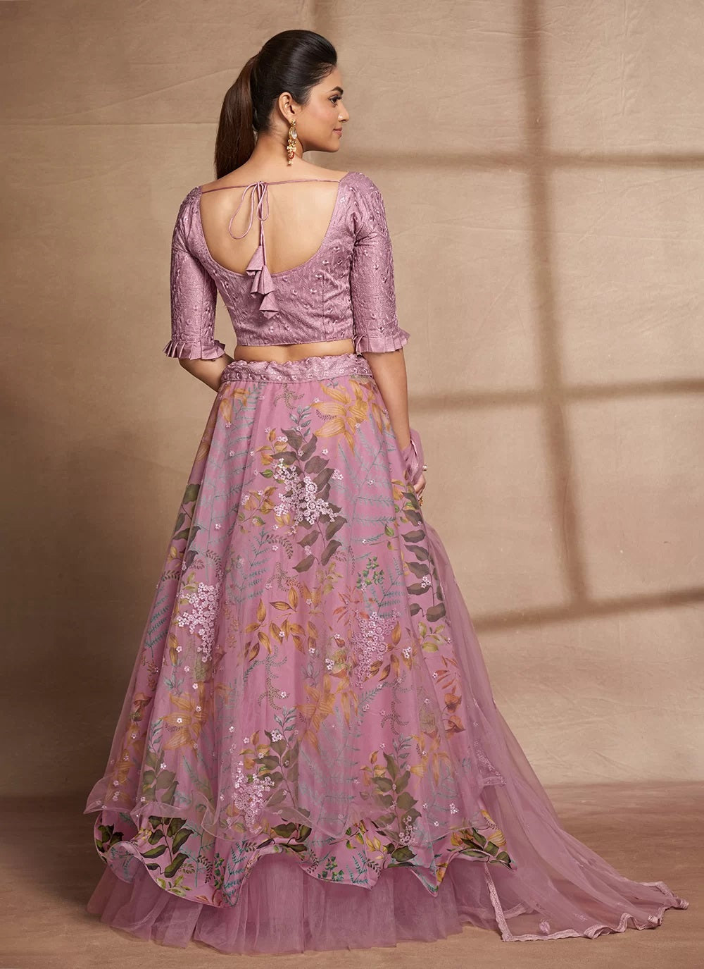 Organza and net digital print sequins embroidery work lehenga in purple