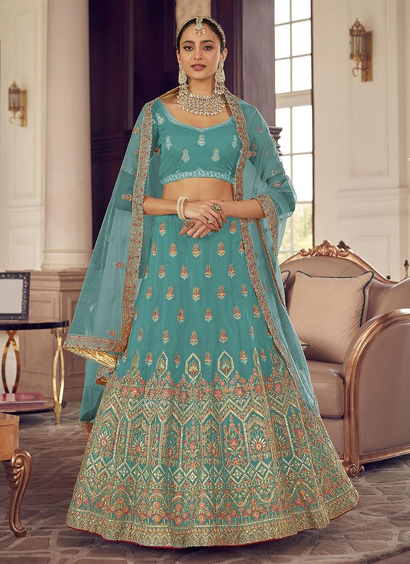 Organza Base Bridesmaid Turquoise Lehenga Choli