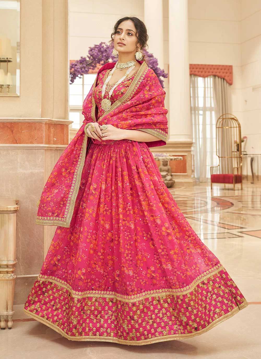 Organza based pink sequins embroidery work lehenga choli