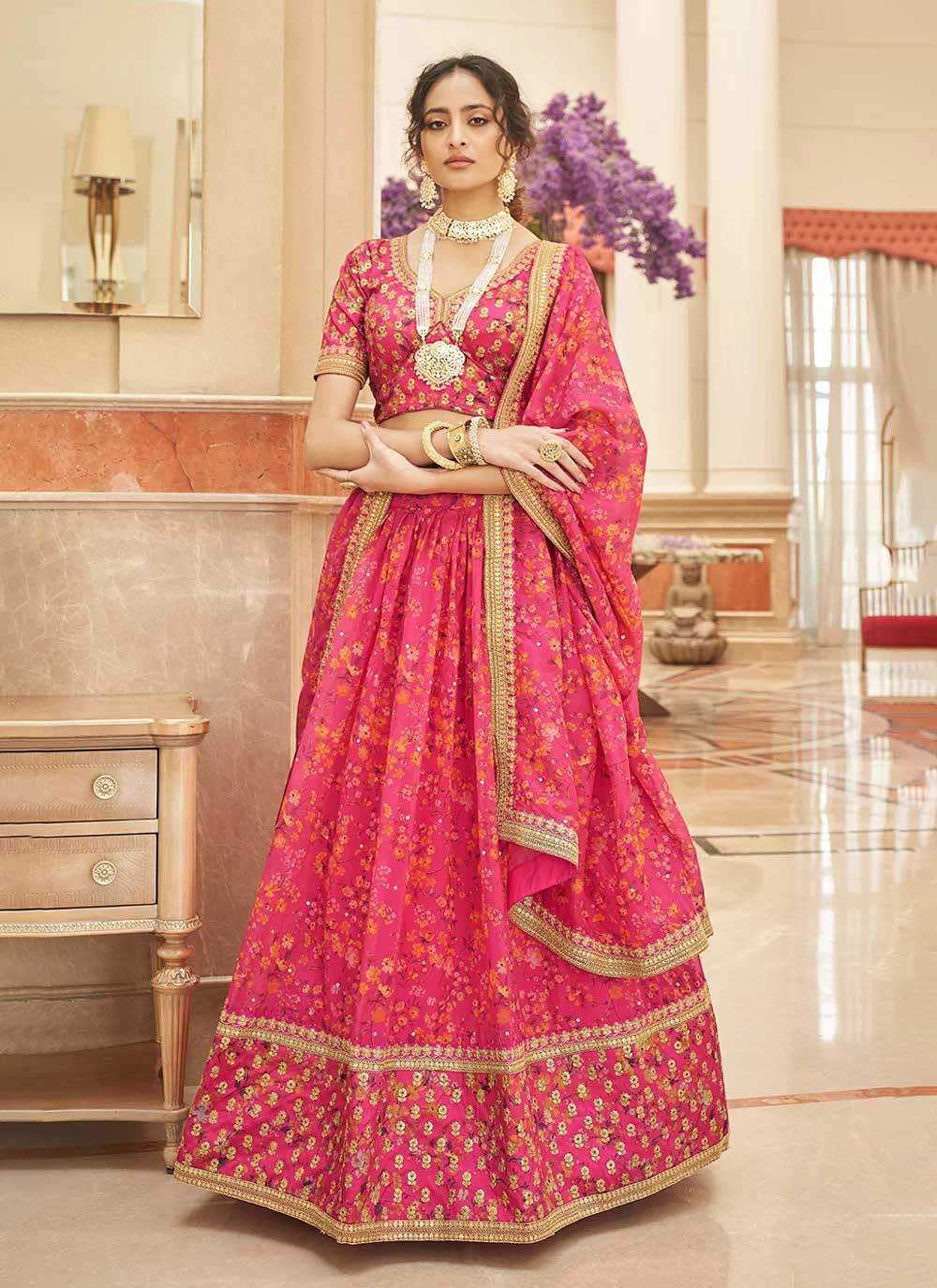 Organza based pink sequins embroidery work lehenga choli