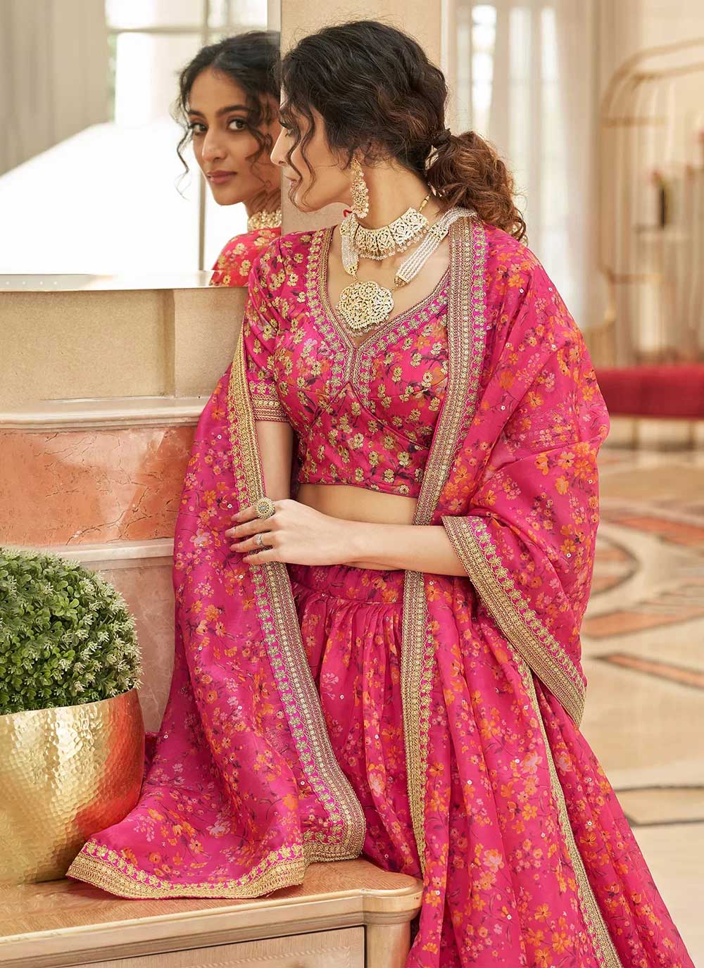 Organza based pink sequins embroidery work lehenga choli