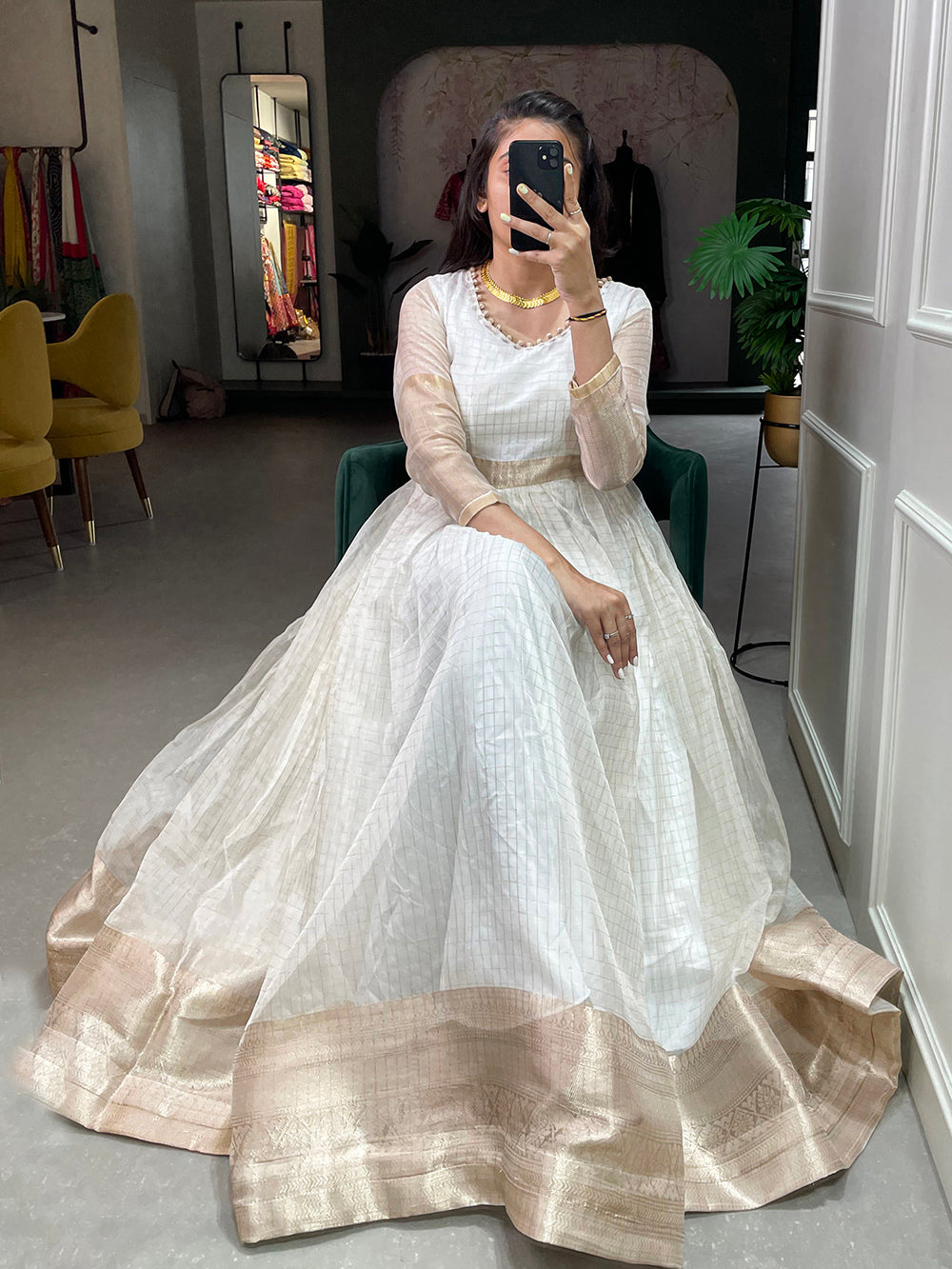 White Color Zari Weaving Work Organza Chex Gown