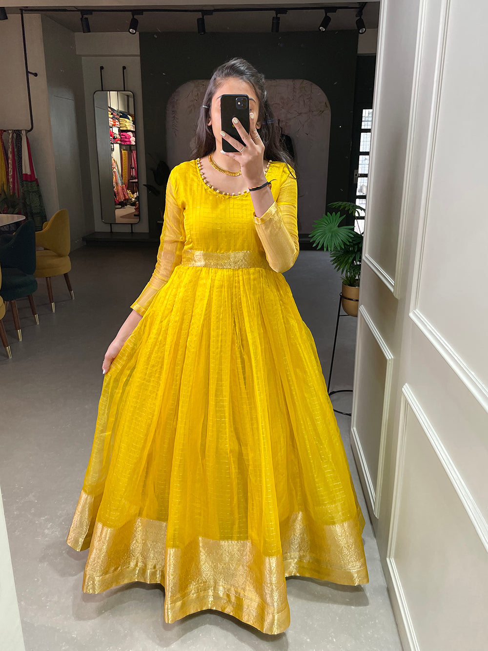 Yellow Color Zari Weaving Work Organza Chex Gown