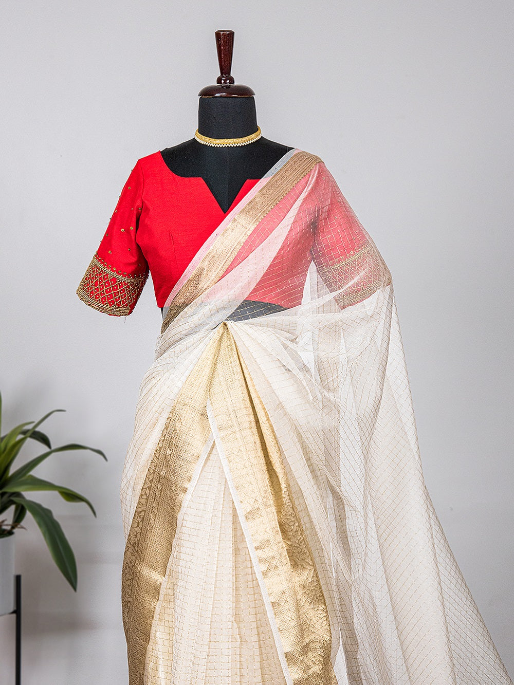 White Color Weaving Zari Work Organza Chex saree