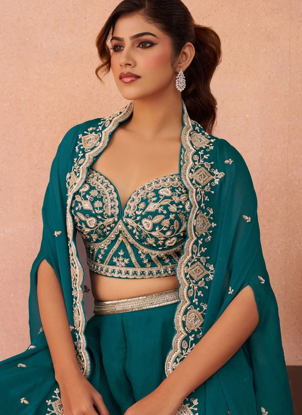 Morpeach organza indo western set with embroidered flared cape palazzo