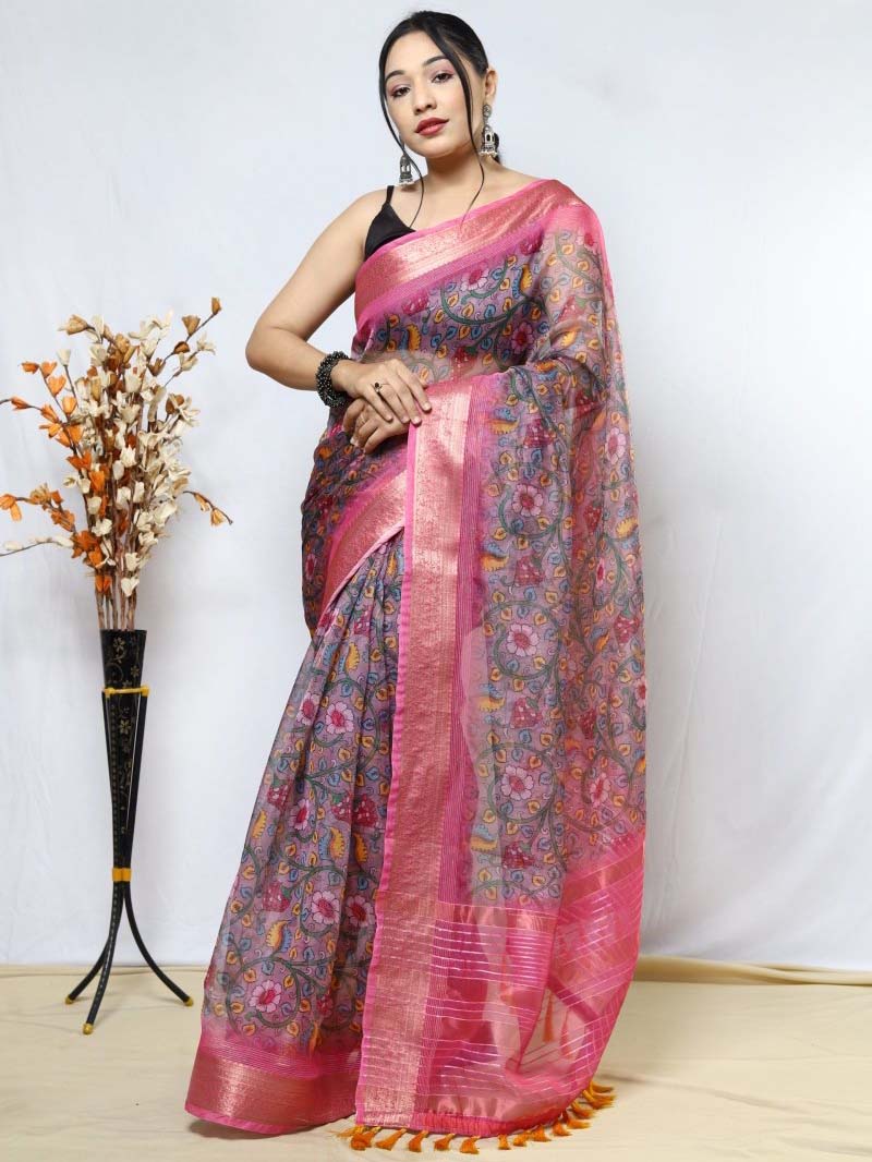 Pink Saree in Organza Kalamkari Printed with Sequins Jacquard Woven