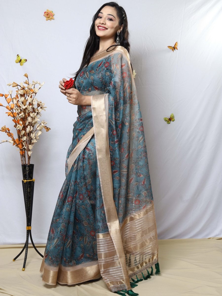 Rama Green Saree in Organza Kalamkari Printed with Sequins Jacquard Woven