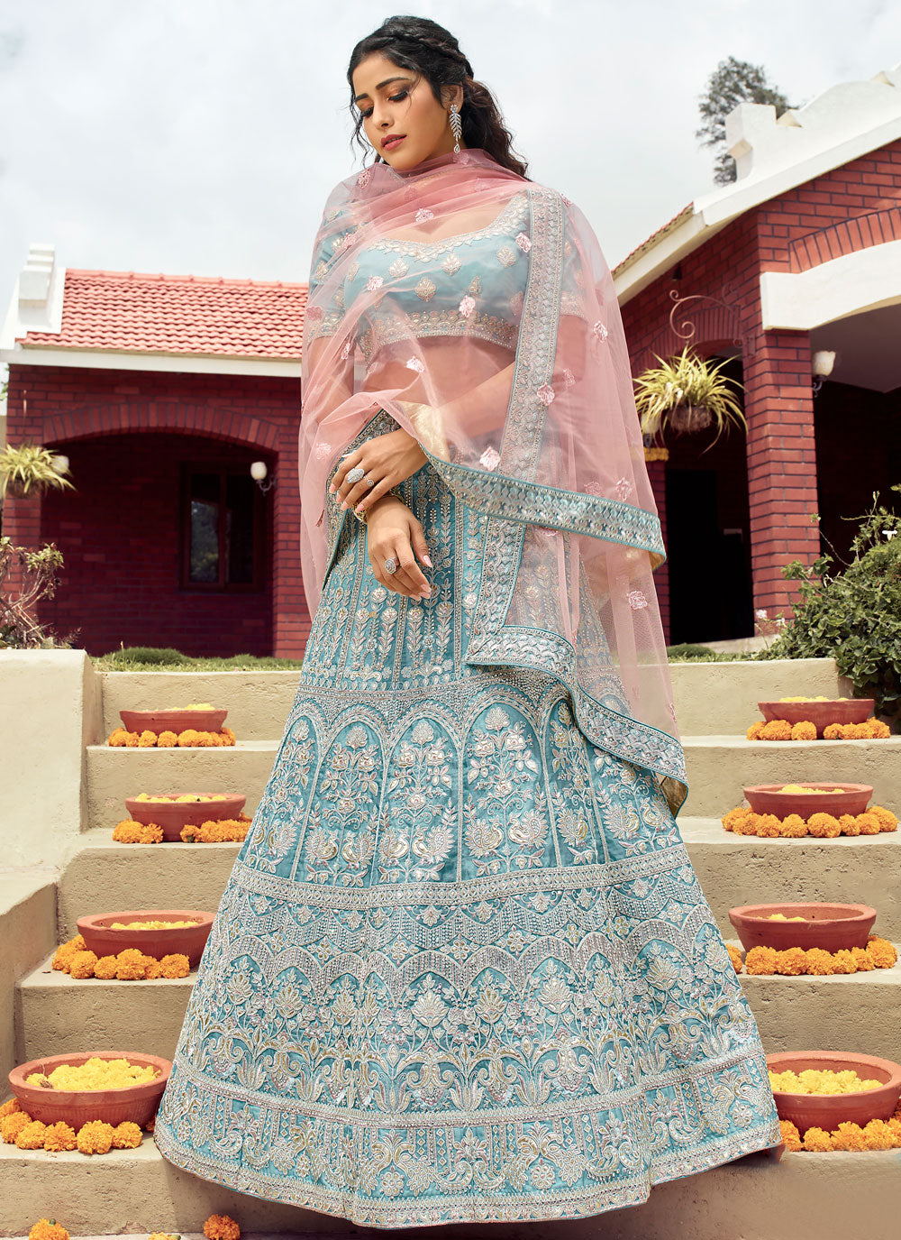 Turquoise Embroidered Organza Semi Stitched Lehenga