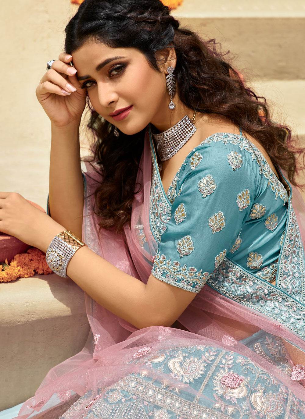Turquoise Embroidered Organza Semi Stitched Lehenga