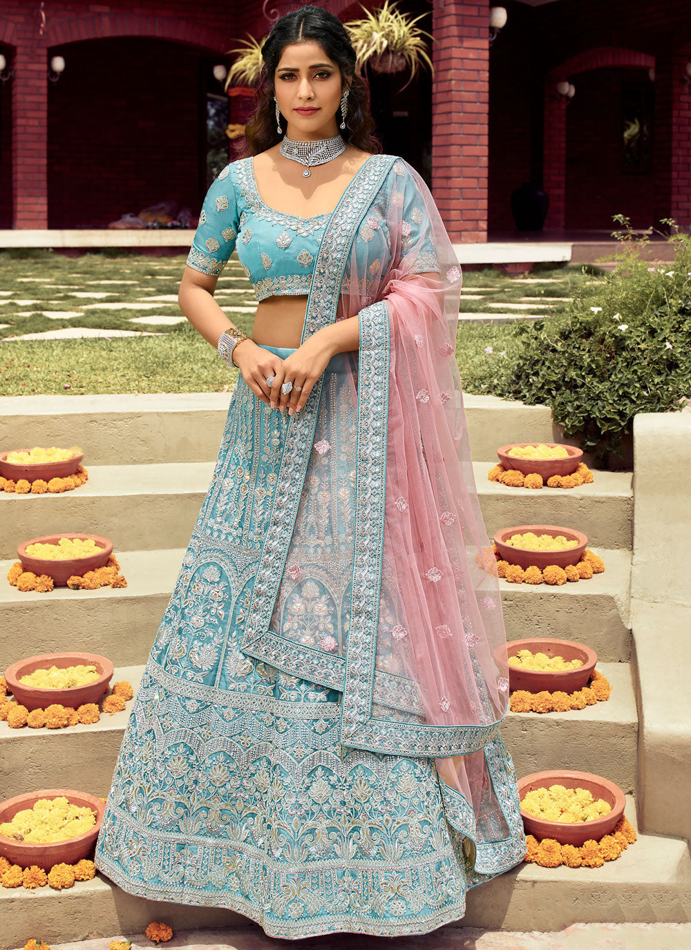 Turquoise Embroidered Organza Semi Stitched Lehenga