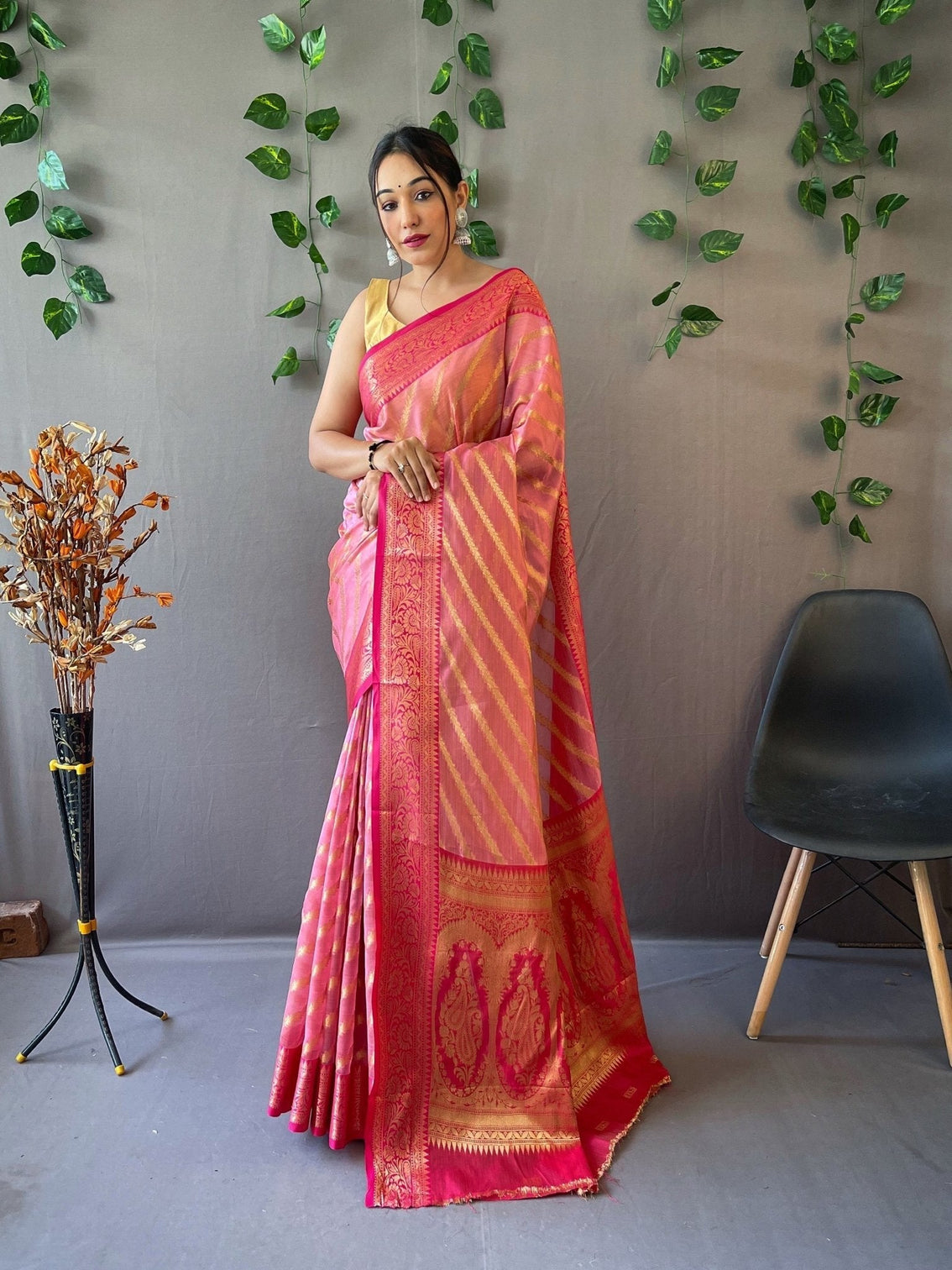 Rosy Pink Saree in Organza Leheriya