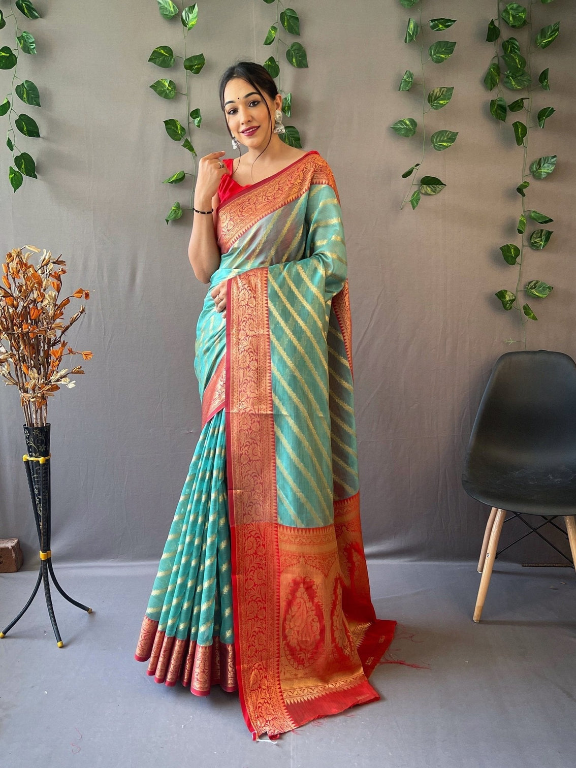Sea Green Saree in Organza Leheriya Light
