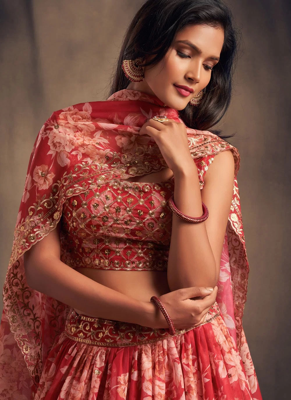 Organza red digital printed lehenga
