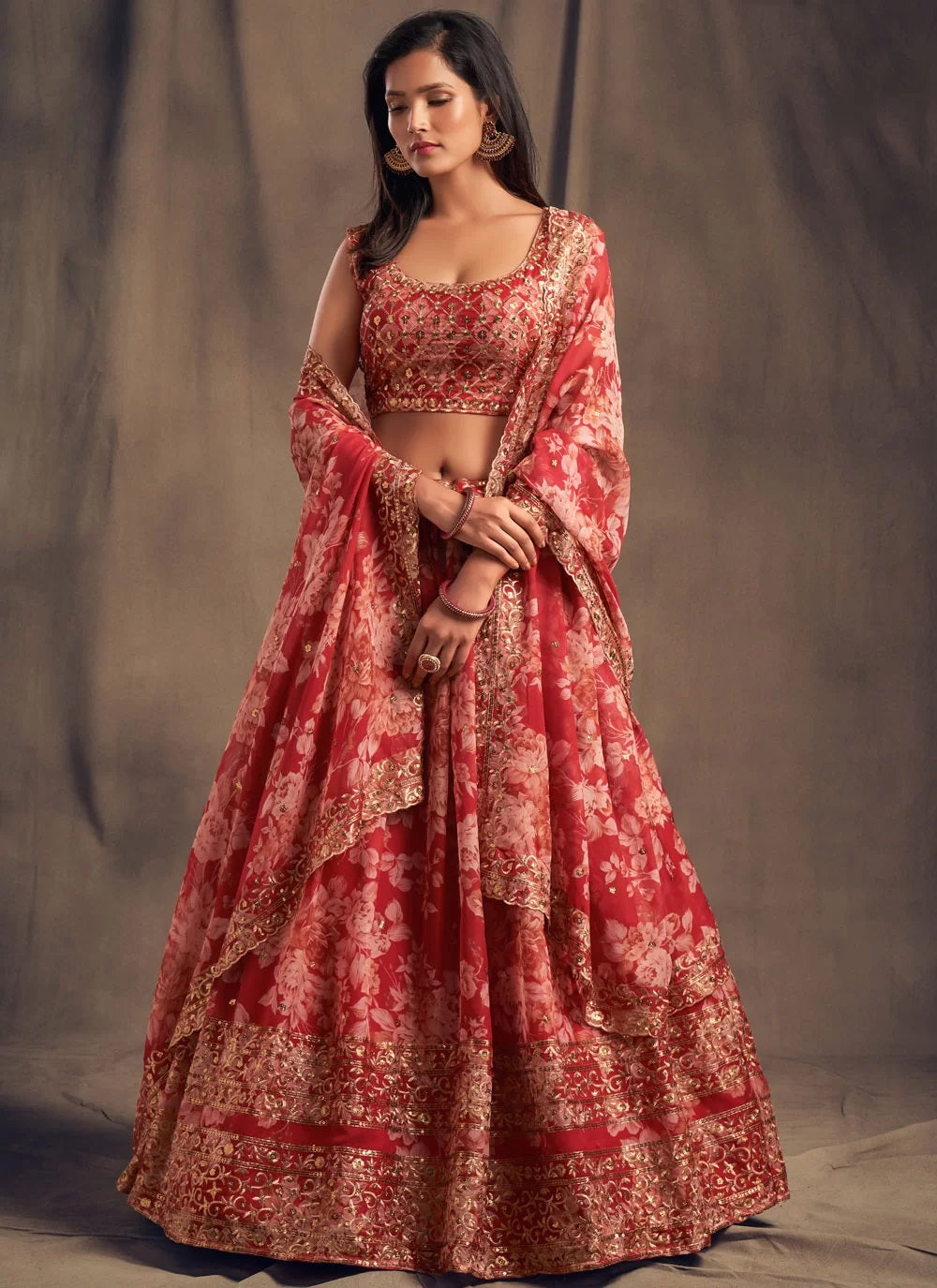 Organza red digital printed lehenga