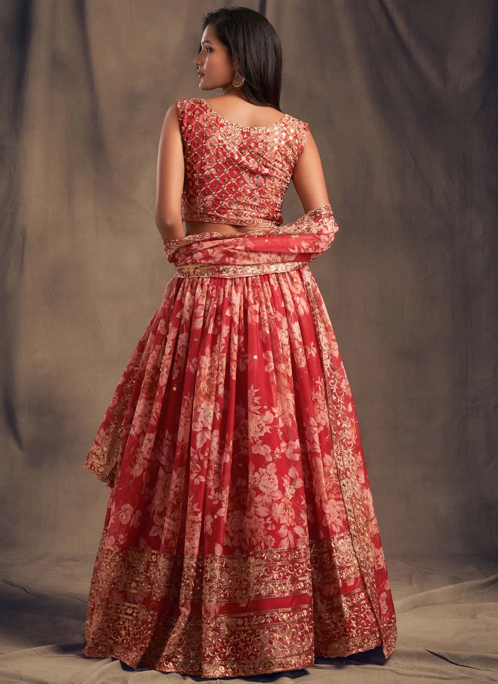 Organza red digital printed lehenga