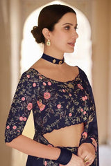 French Navy Blue Organza Designer Saree