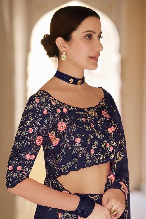 French Navy Blue Organza Designer Saree