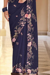 French Navy Blue Organza Designer Saree