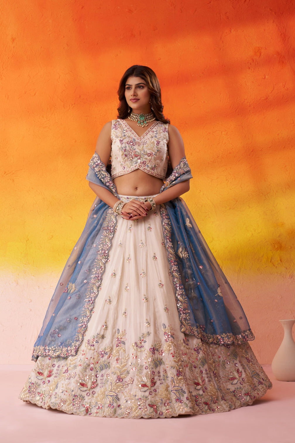 Tissue Sequins Thread & Embroidered Semi-Stitched Lehenga & Unstitched Blouse With Dupatta