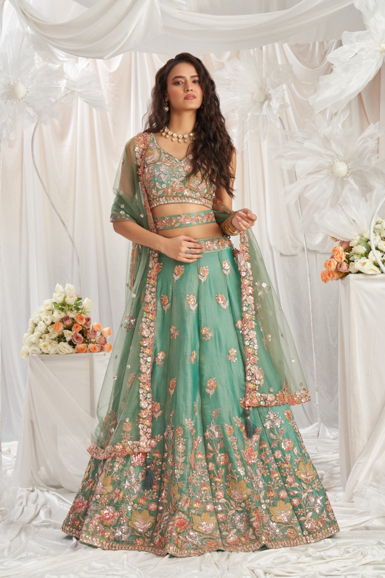 Organza Sequins Embroidered Semi-Stitched Lehenga Choli with Dupatta