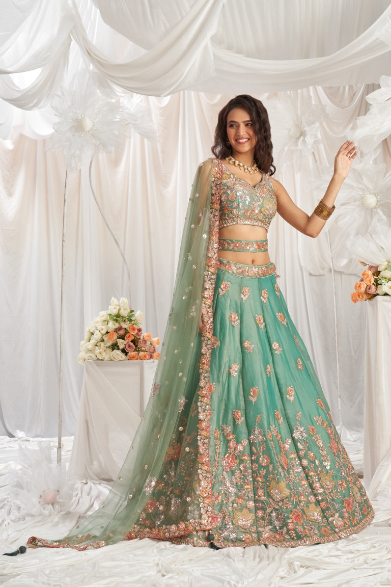 Organza Sequins Embroidered Semi-Stitched Lehenga Choli with Dupatta