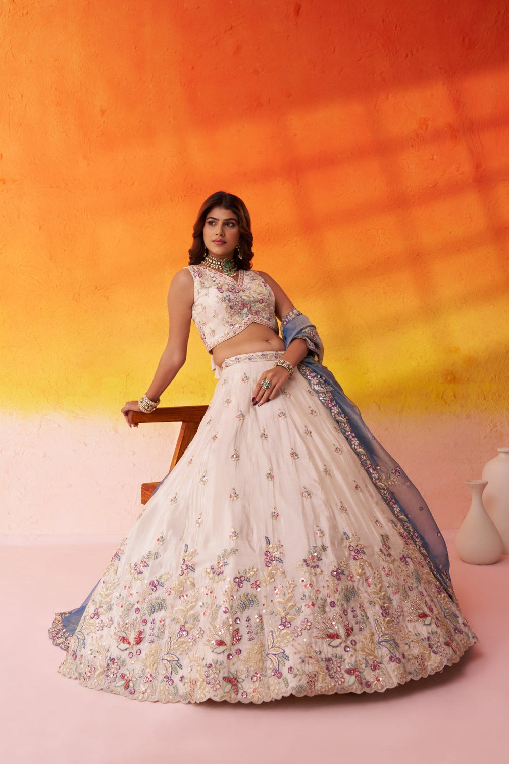 Tissue Sequins Thread & Embroidered Semi-Stitched Lehenga & Unstitched Blouse With Dupatta