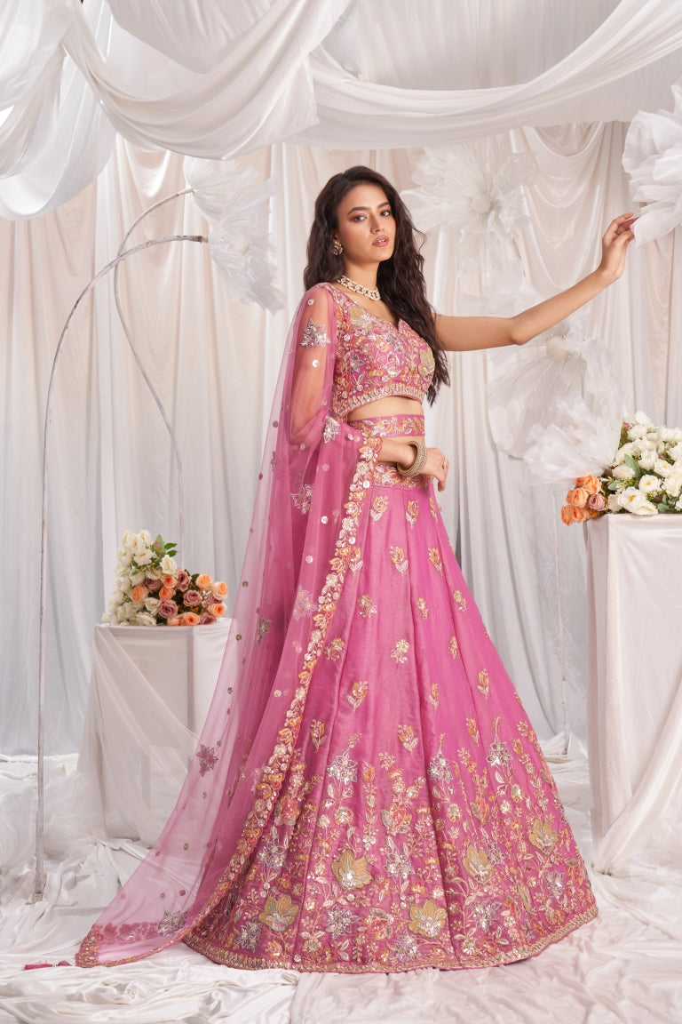 Organza Sequins Embroidered Semi-Stitched Lehenga Choli with Dupatta