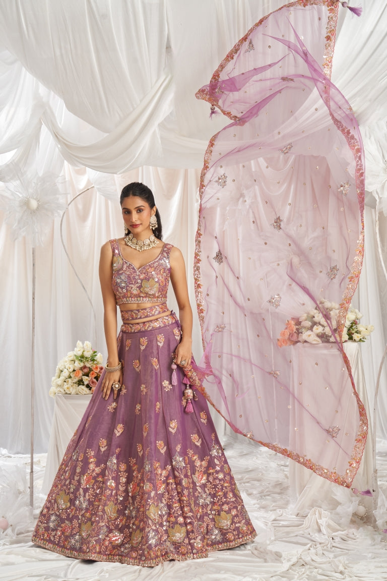 Organza Sequins Embroidered Semi-Stitched Lehenga Choli with Dupatta
