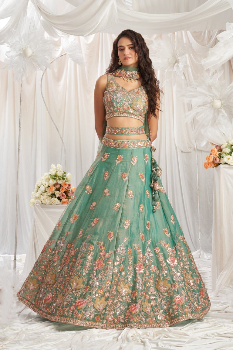 Organza Sequins Embroidered Semi-Stitched Lehenga Choli with Dupatta