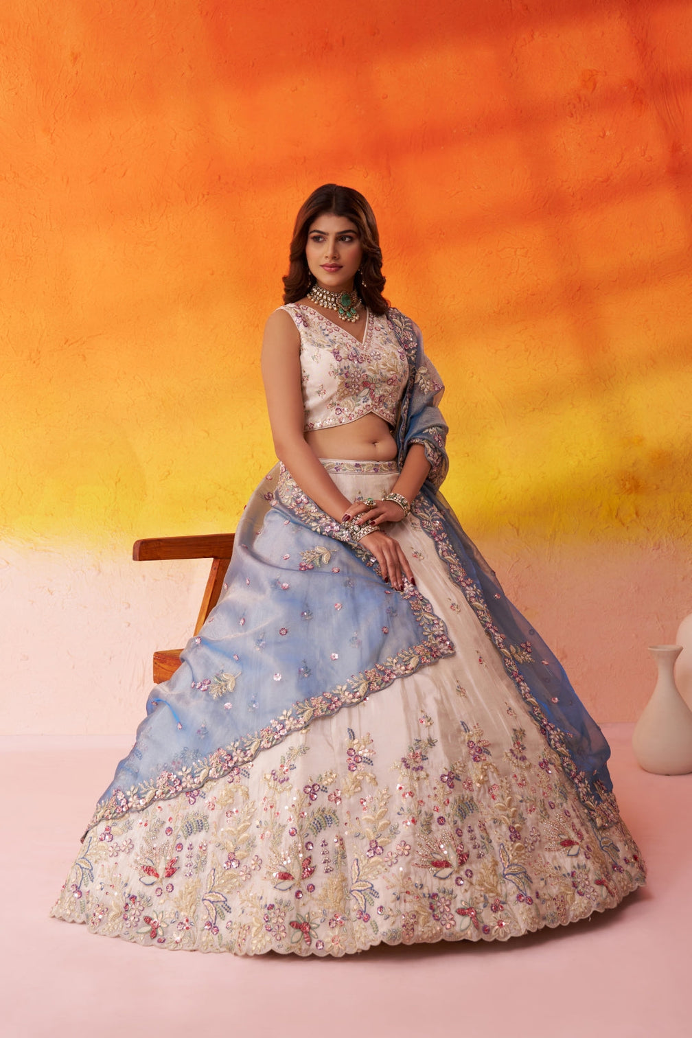 Tissue Sequins Thread & Embroidered Semi-Stitched Lehenga & Unstitched Blouse With Dupatta