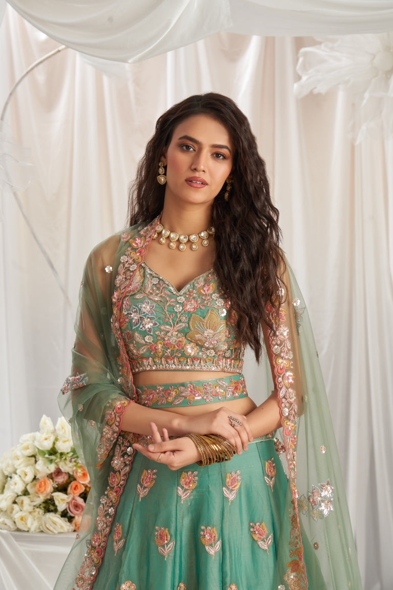 Organza Sequins Embroidered Semi-Stitched Lehenga Choli with Dupatta
