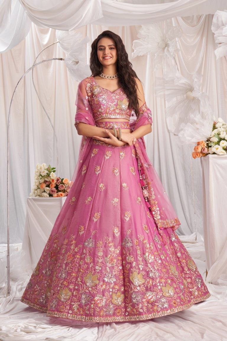 Organza Sequins Embroidered Semi-Stitched Lehenga Choli with Dupatta