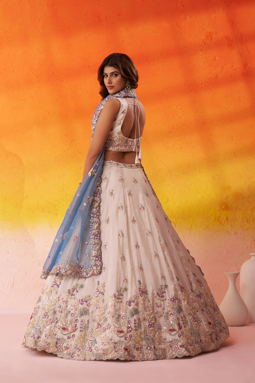 Tissue Sequins Thread & Embroidered Semi-Stitched Lehenga & Unstitched Blouse With Dupatta