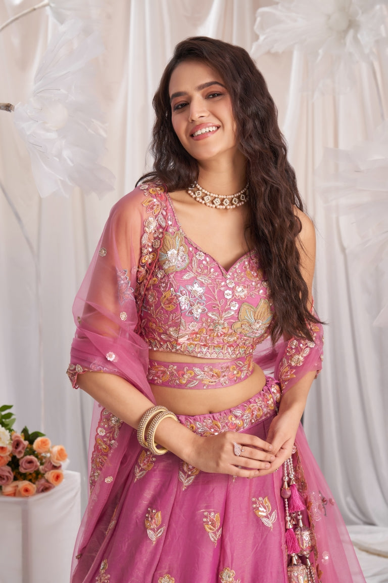 Organza Sequins Embroidered Semi-Stitched Lehenga Choli with Dupatta