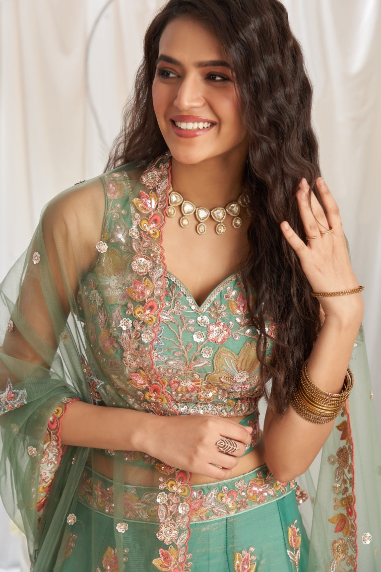 Organza Sequins Embroidered Semi-Stitched Lehenga Choli with Dupatta