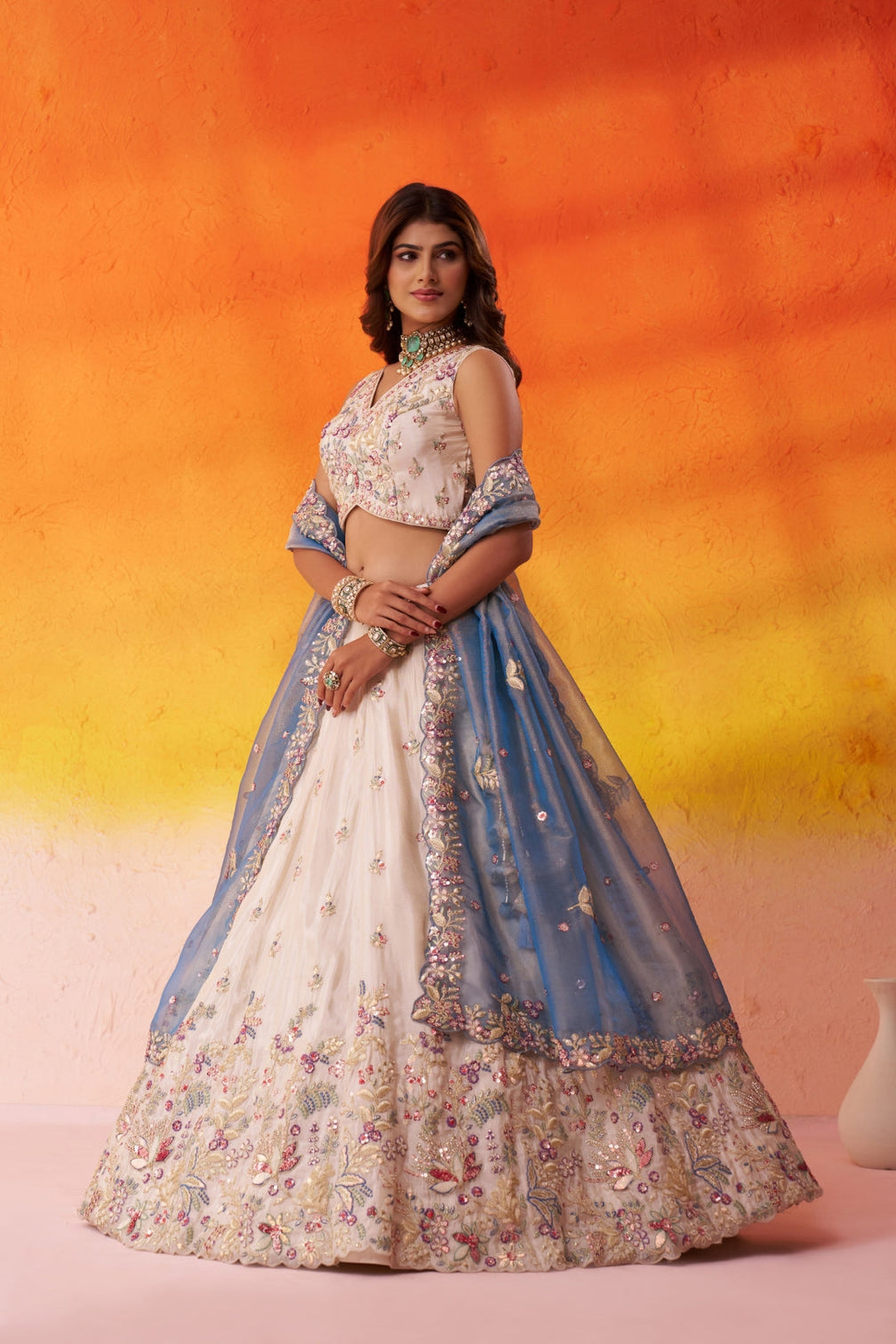 Tissue Sequins Thread & Embroidered Semi-Stitched Lehenga & Unstitched Blouse With Dupatta