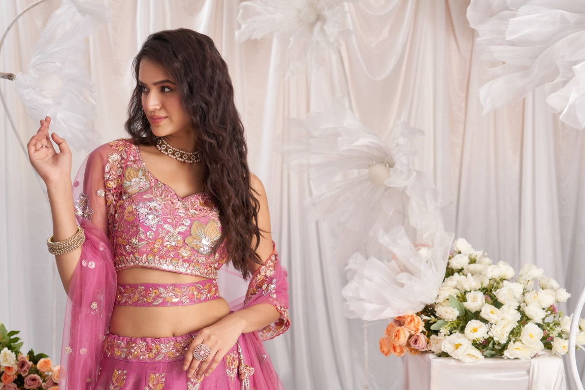 Organza Sequins Embroidered Semi-Stitched Lehenga Choli with Dupatta